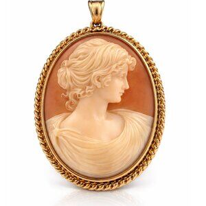 Antique Victorian Cameo Brooch Pendant 14K Gold Hand Carved Shell Estate Jewelry